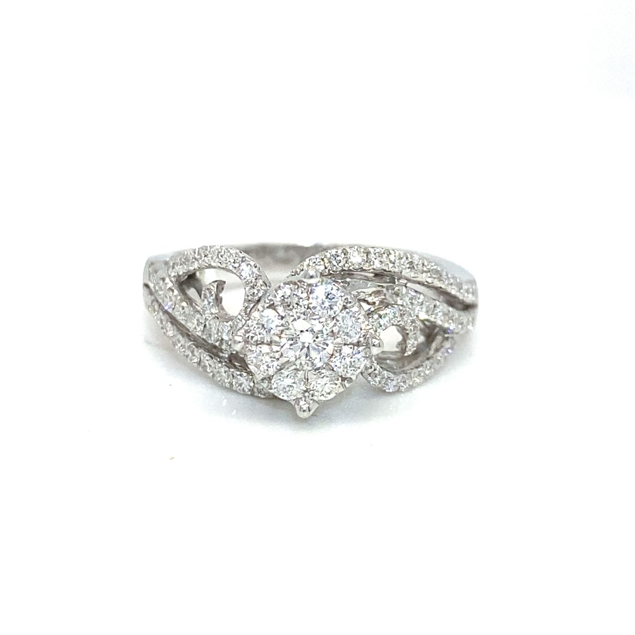 18K White Gold Lace Pave Shoulder Lotus Cluster Diamond Ring