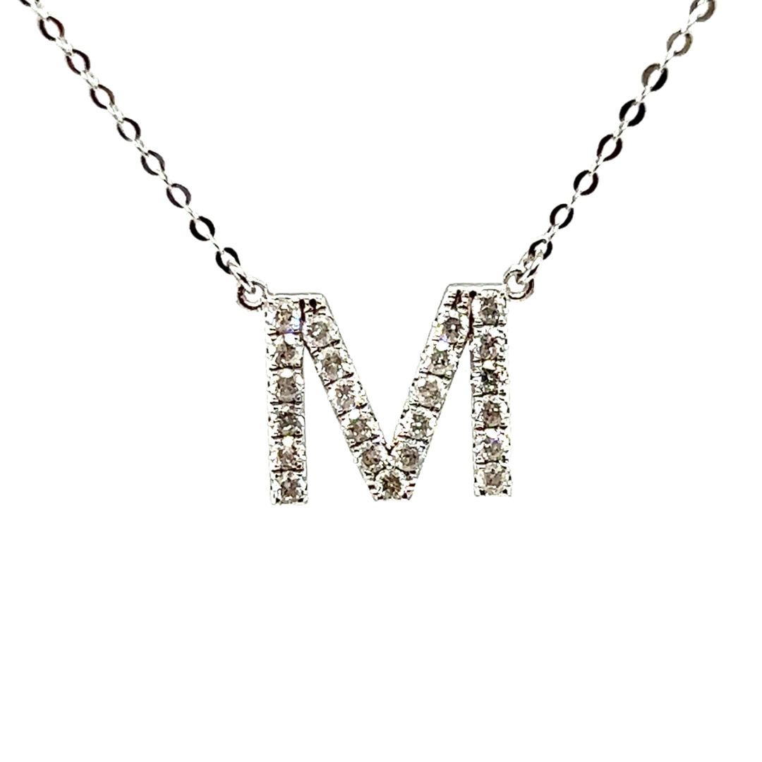 18K White Gold Classic Alphabet M Full Diamond Necklace