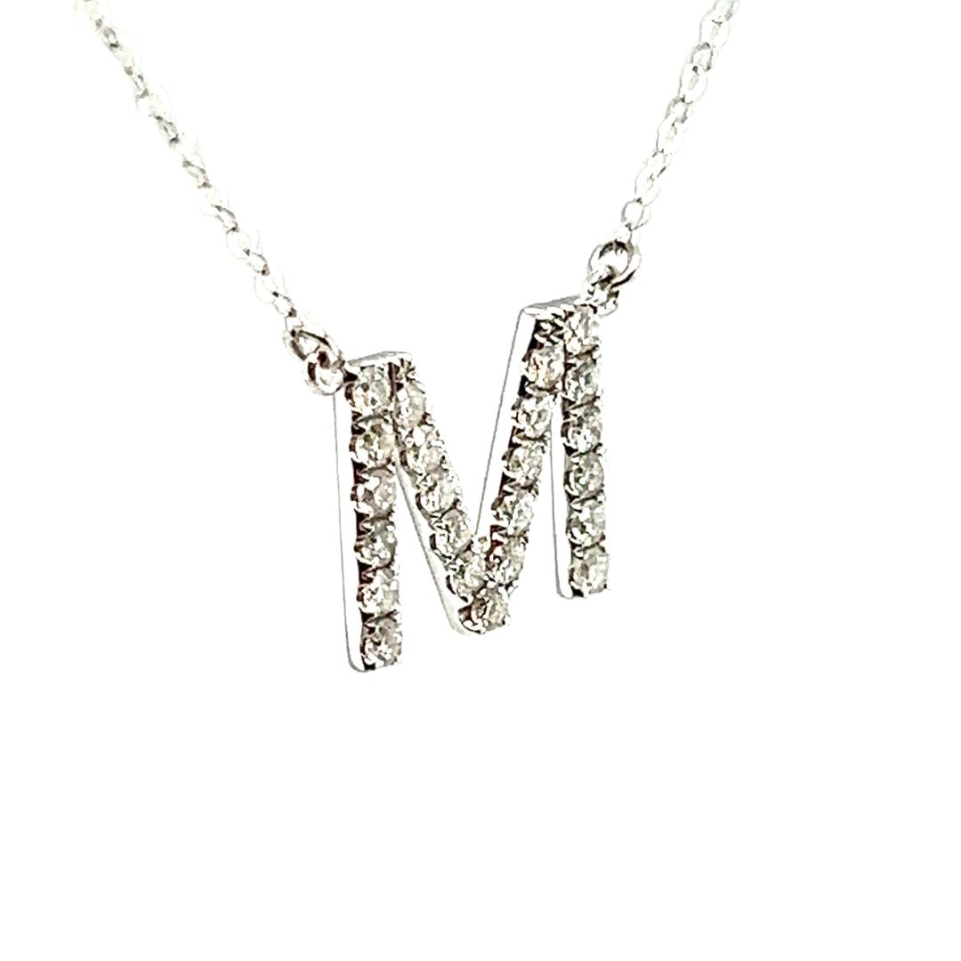 18K White Gold Classic Alphabet M Full Diamond Necklace