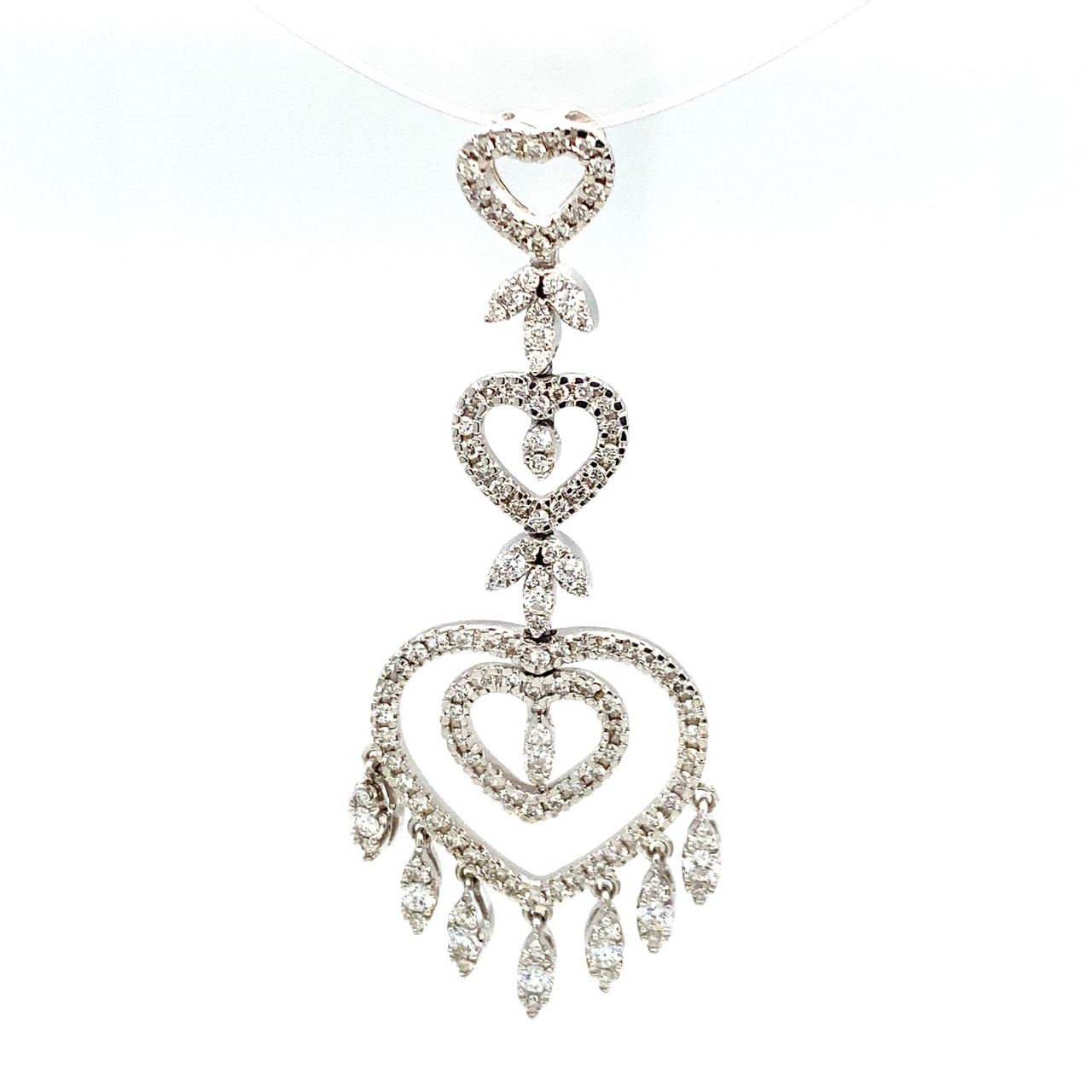18K White Gold Double Heart Drop Marquise Diamond Pendant